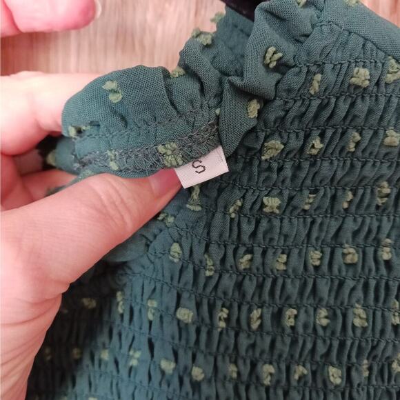 Green Shirred Yoke Swiss Dot Smock Blouse Size Small - Picture 5 of 6